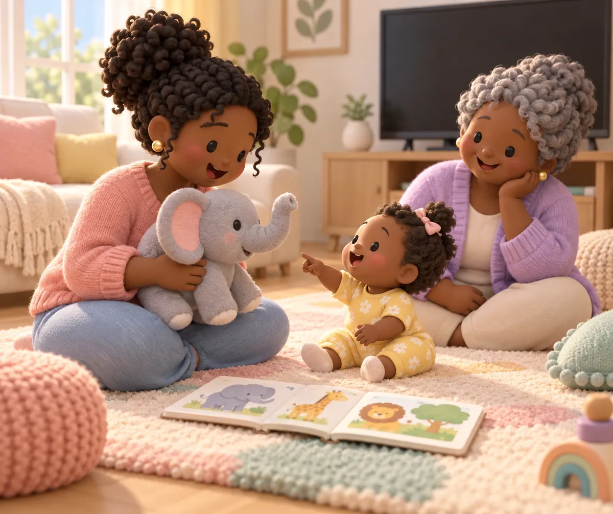 Une mère et une grand-mère jouent avec un bébé autour d’un livre d’images et d’un éléphant en peluche