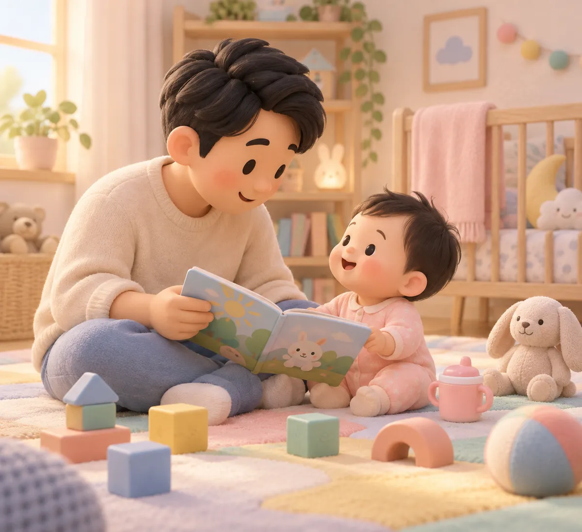 Un adulte et un bébé assis sur un tapis regardent un livre ouvert, entourés de jouets dans une chambre