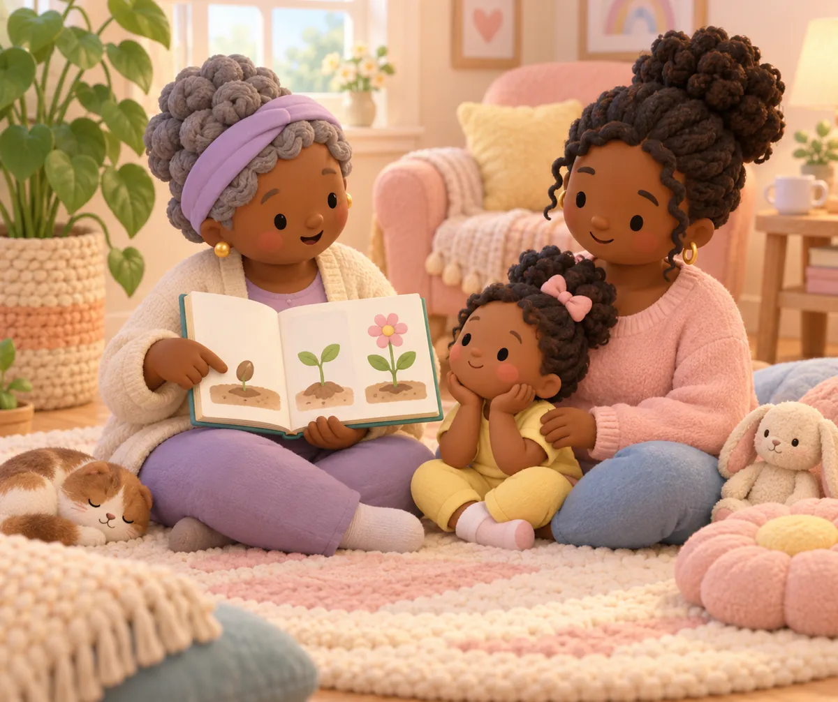 Deux femmes et une enfant sont assises sur un tapis, l’une leur montrant un livre illustré dans un salon