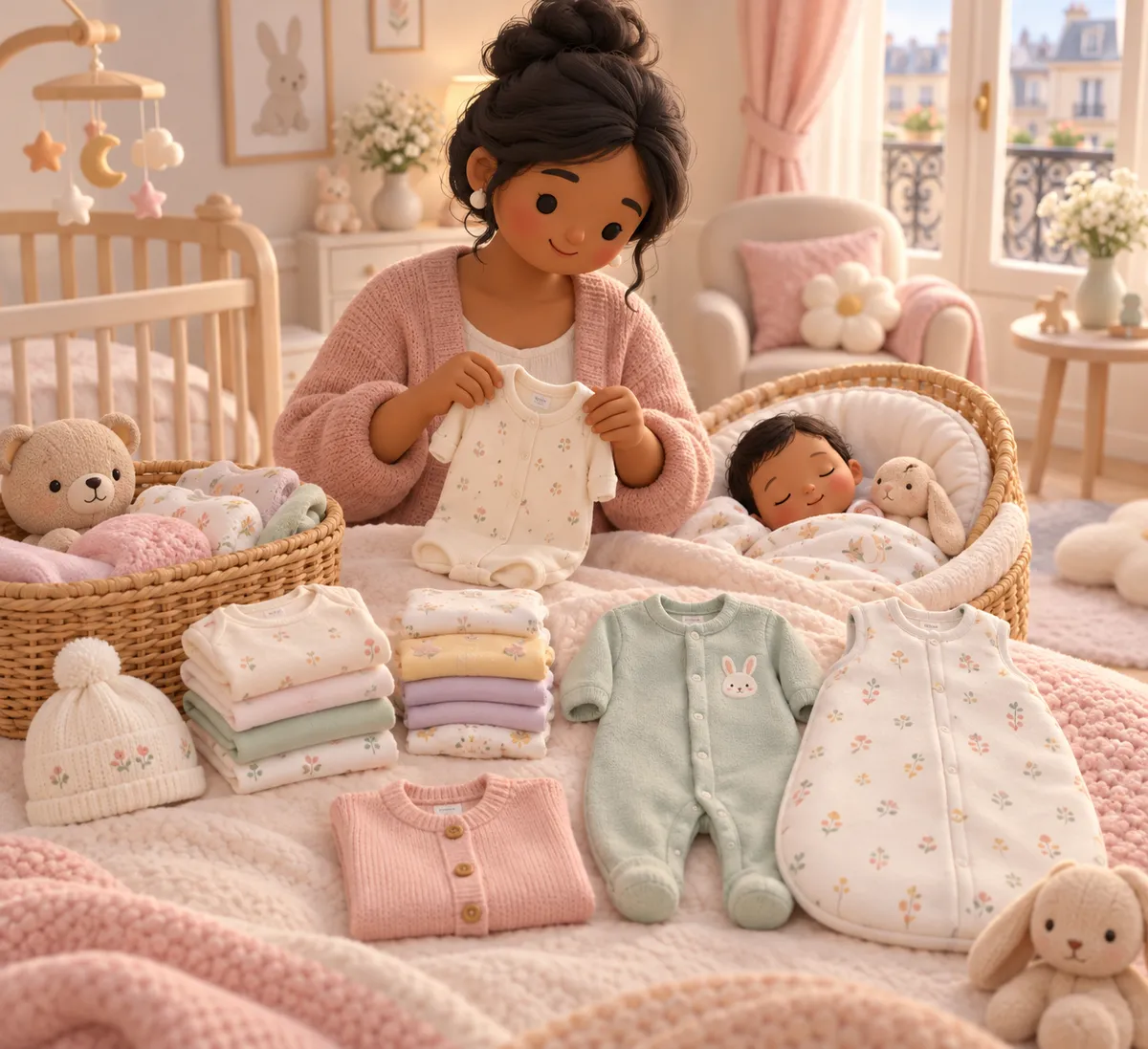Une femme tient un body près d’un bébé endormi dans un couffin, avec des vêtements et un bonnet posés devant elle