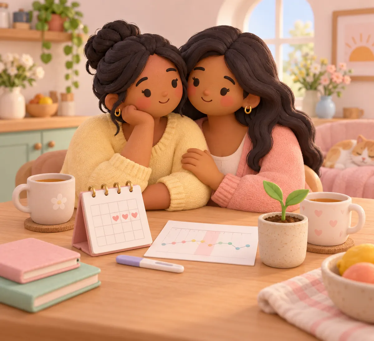 Deux femmes sourient autour d’un calendrier et d’un tableau posés sur une table, avec des tasses et une plante