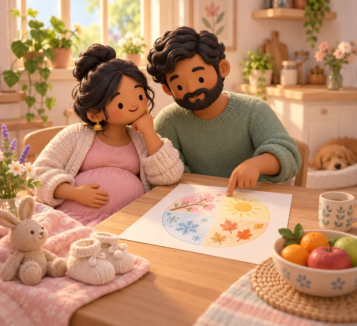 Un couple dont la femme est enceinte consulte un calendrier des saisons autour d’une table de cuisine