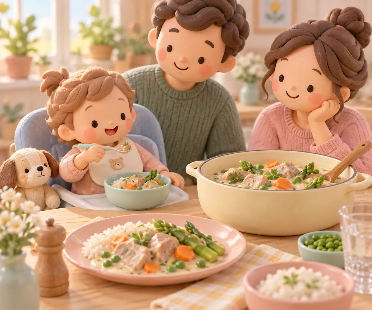 Deux parents et leur bébé partagent une blanquette de veau aux asperges autour d’une table familiale