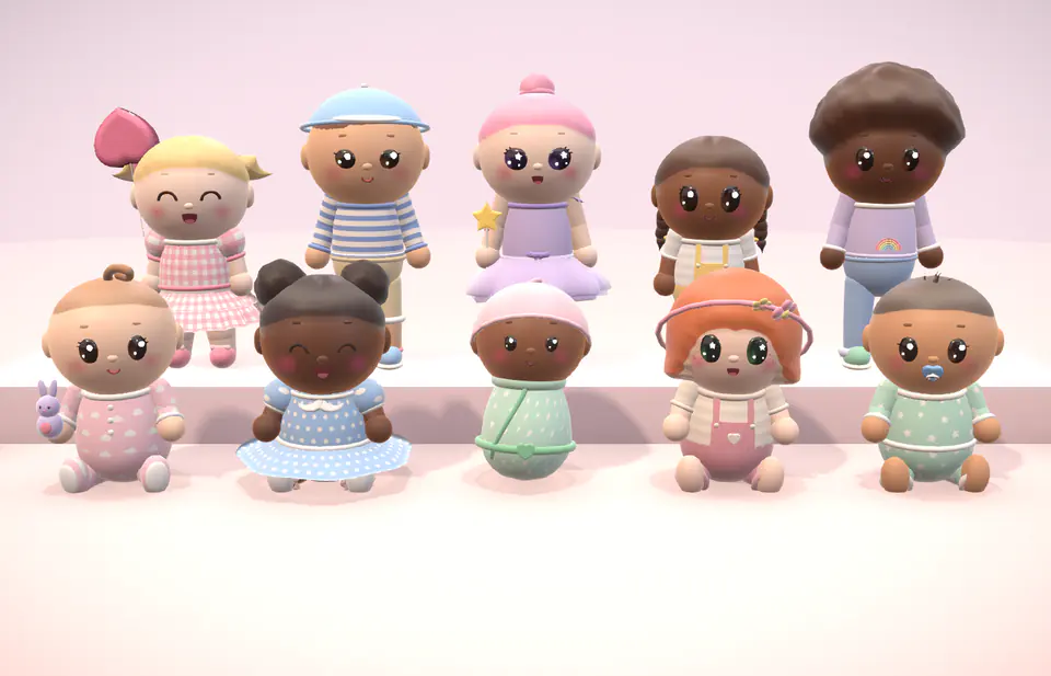 Huit bébés de la vallée, de toutes les couleurs de peau, en pyjamas et petites robes