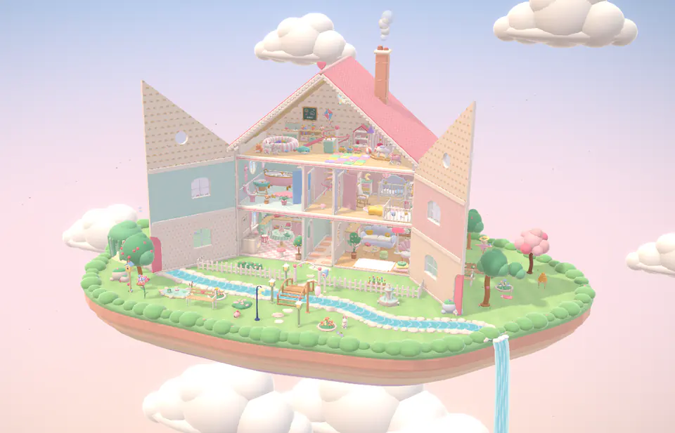 La maison de poupée en coupe, posée sur une île flottante avec son jardin et sa cascade