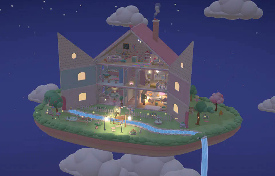 L'île de la maison la nuit, fenêtres allumées