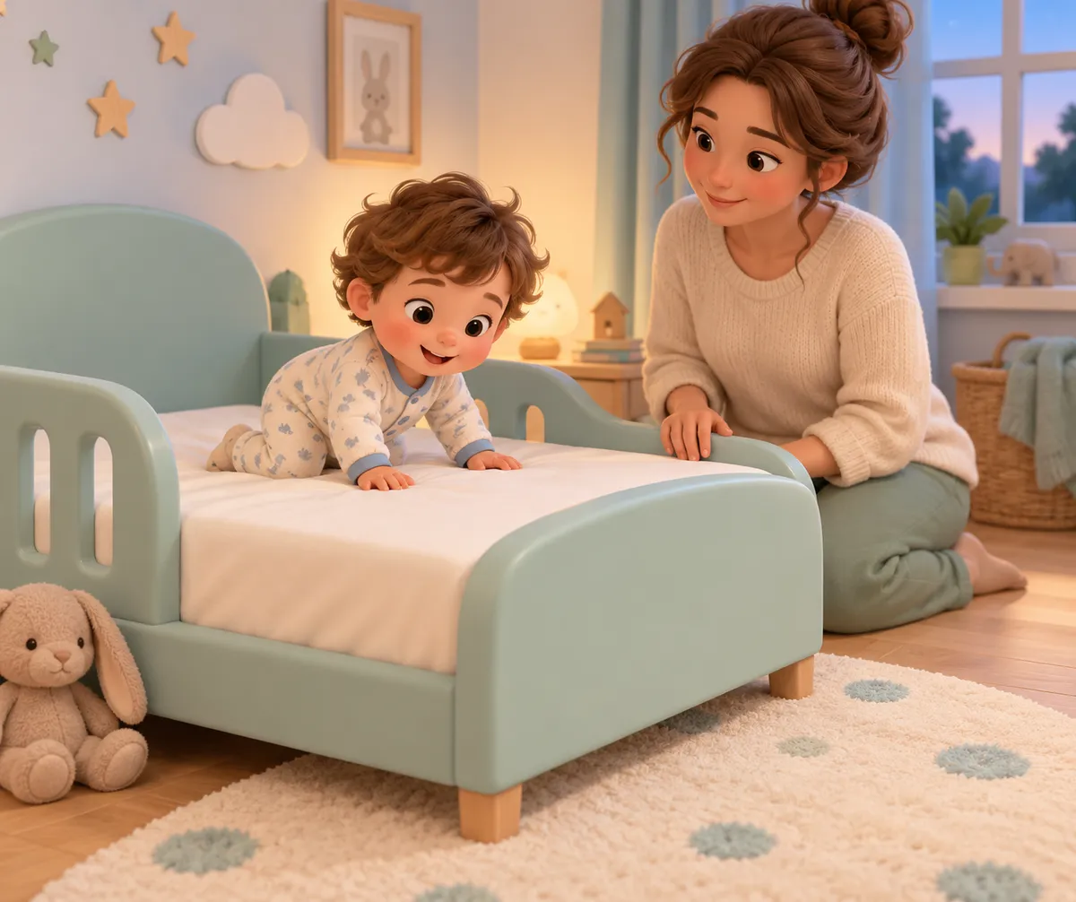 Un jeune enfant découvre son nouveau lit tandis que sa mère l’accompagne dans sa chambre