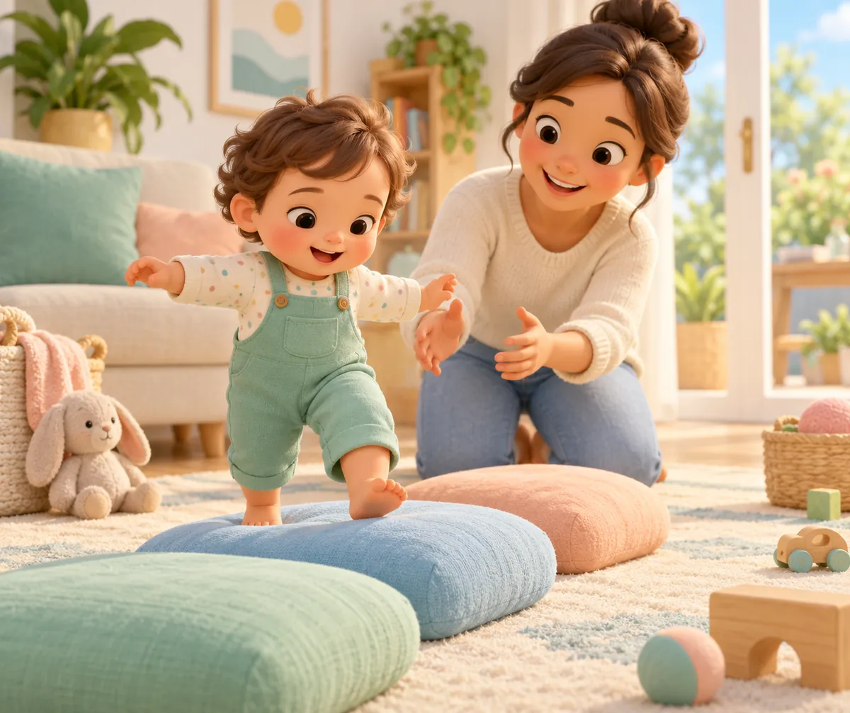 Un jeune enfant avance sur des coussins sous le regard encourageant d’une adulte, dans un salon
