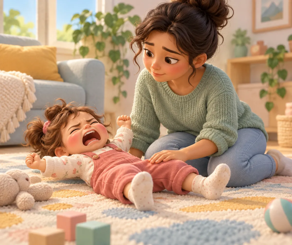 Une mère assise au sol accompagne un bébé en pleine colère dans le salon