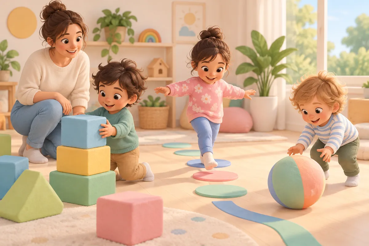 Une mère observe trois enfants qui empilent des cubes, avancent sur des pastilles et jouent avec un ballon