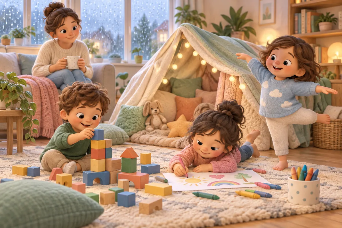 Des enfants jouent dans le salon avec des cubes, dessinent et construisent une cabane, tandis qu’une adulte les observe