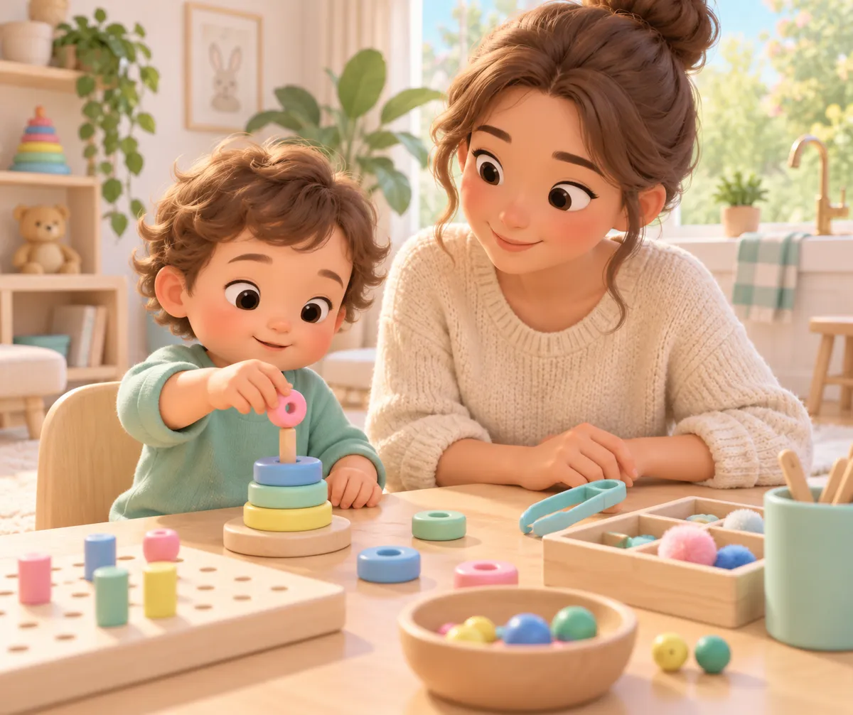 Un enfant empile des anneaux colorés avec une femme à table, entouré de jeux de manipulation