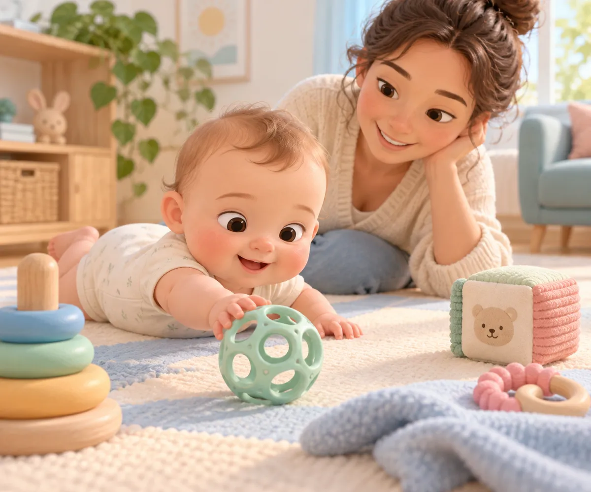 Un bébé allongé sur un tapis attrape une balle ajourée sous le regard de sa mère, entouré de jouets