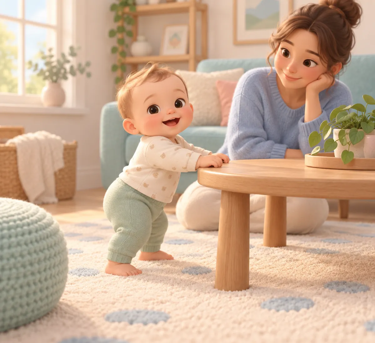 Un bébé se met debout en s’appuyant sur une table, sous le regard de sa mère dans le salon