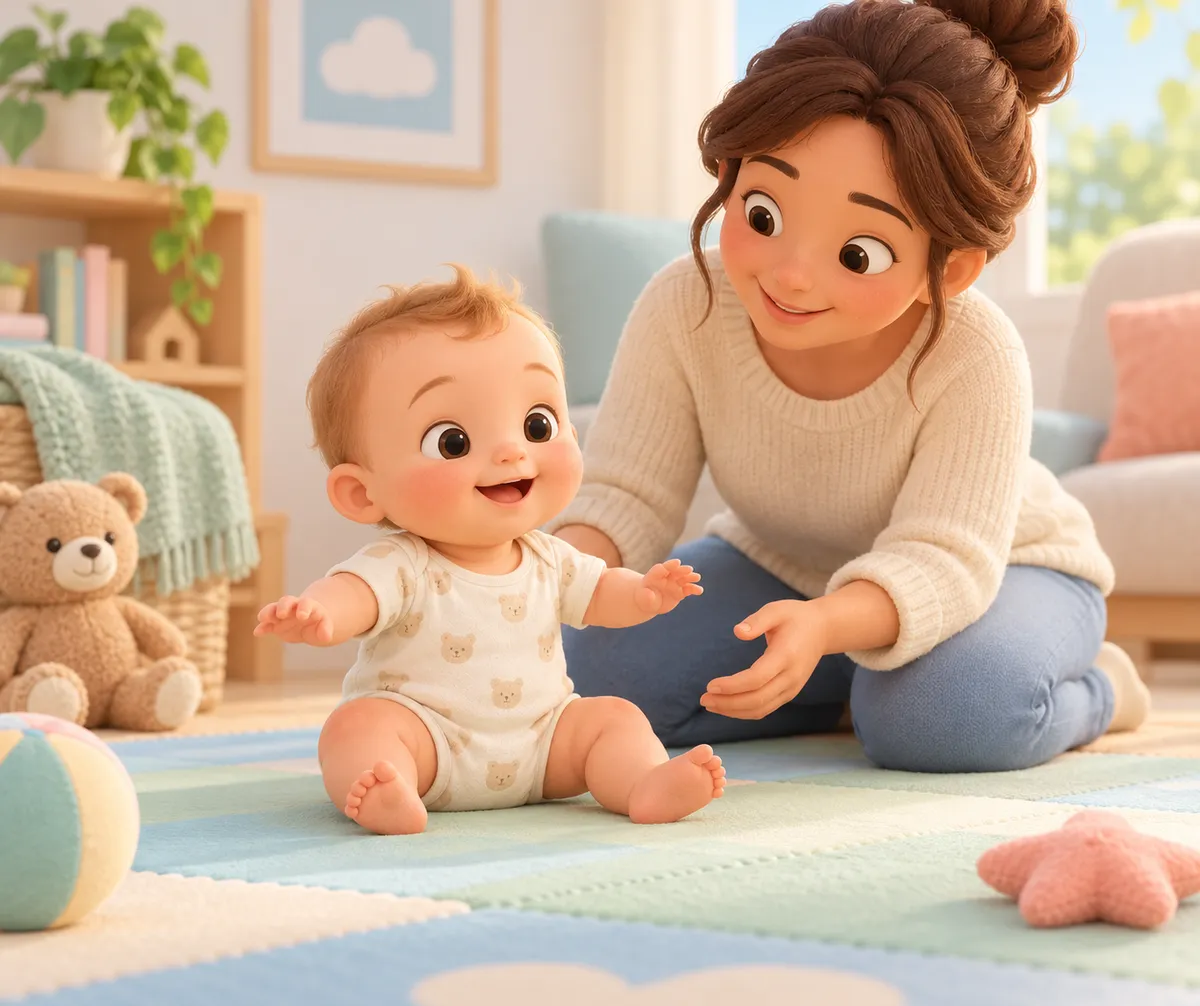 Un bébé assis sur un tapis sourit tandis qu’une femme l’accompagne dans un salon entouré de jouets