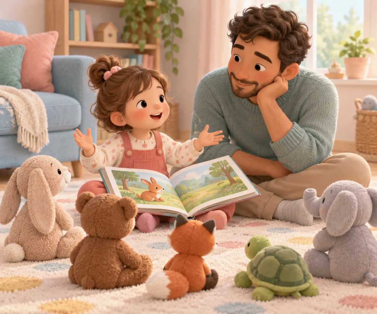 Une petite fille raconte une histoire à son père devant un livre ouvert, entourée de peluches