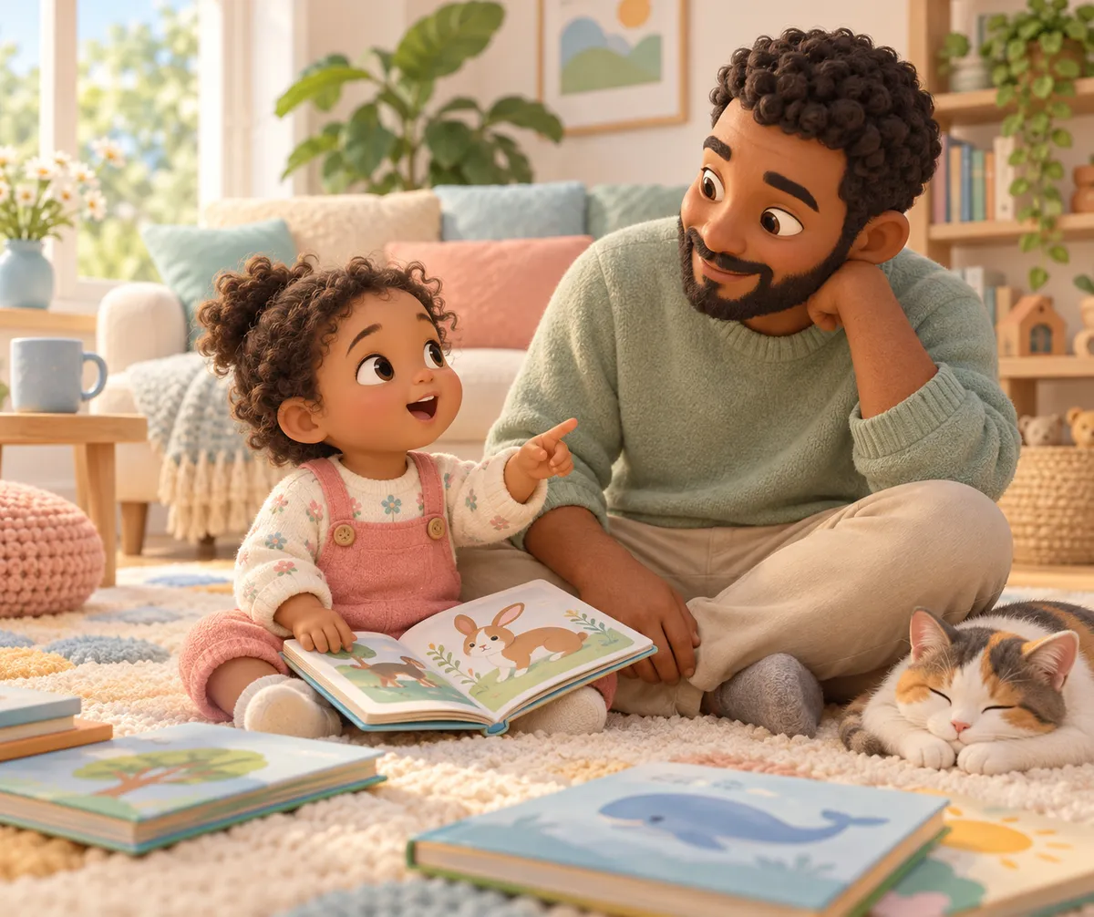 Un homme échange avec une petite fille qui montre un livre ouvert, entourés de livres et d’un chat au salon