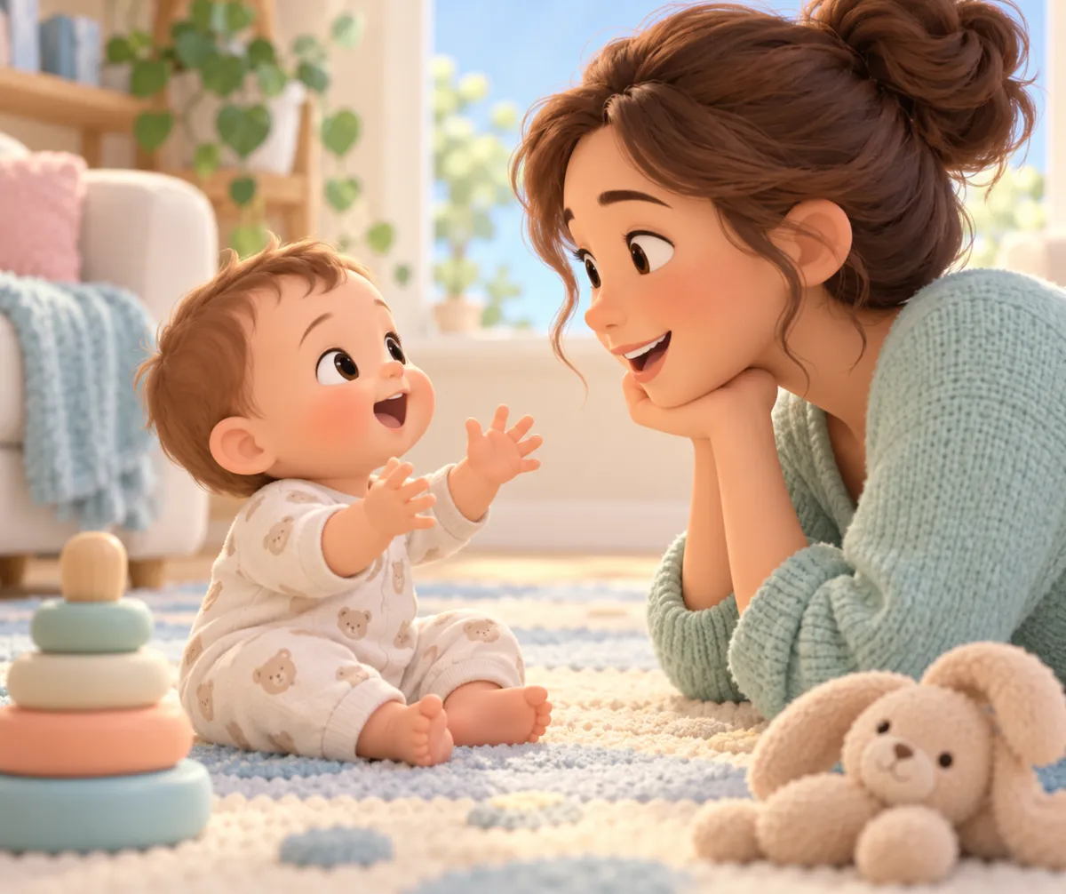 Une femme sourit à un bébé assis sur un tapis, qui tend les bras vers elle près de jouets