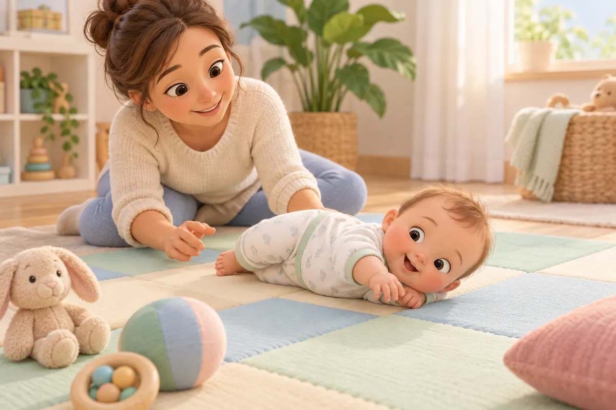 Une femme assise sur un tapis tend la main vers un bébé allongé sur le ventre, entouré de jouets