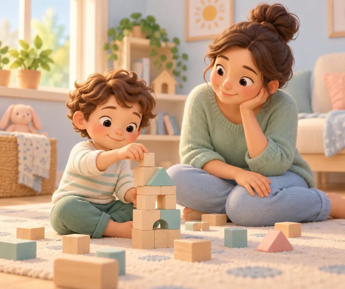 Un enfant construit une tour de cubes en bois sous le regard attentif de sa mère dans le salon