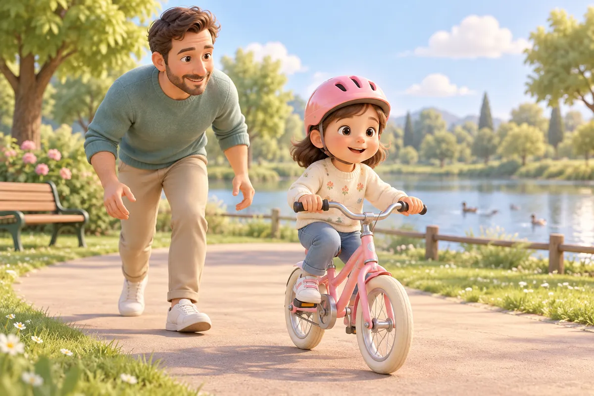 Un père accompagne sa fille qui apprend à pédaler sur un vélo rose au bord d’un lac