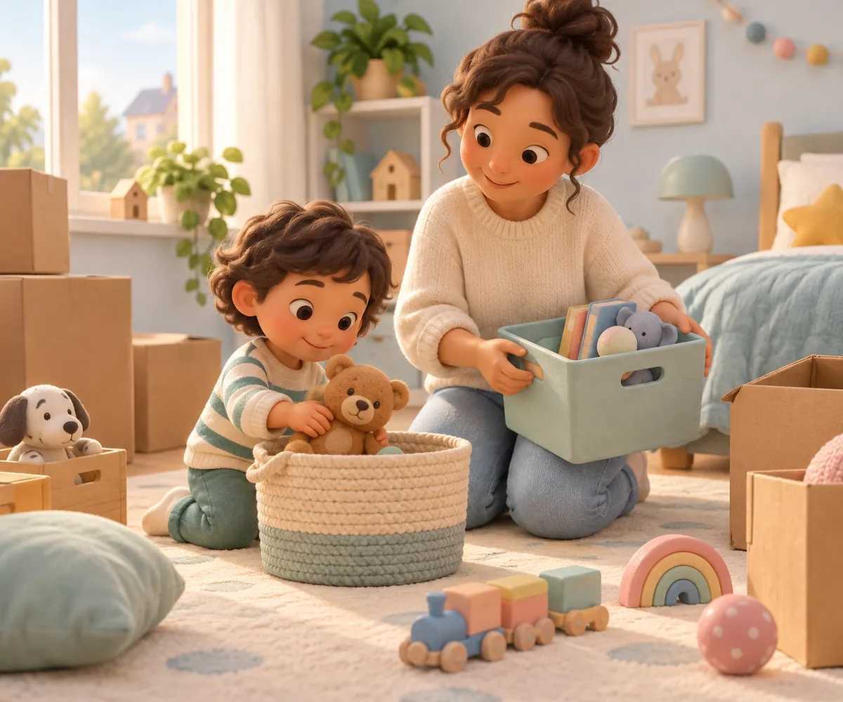 Une femme et un enfant rangent des jouets dans des boîtes au milieu de cartons, dans une chambre