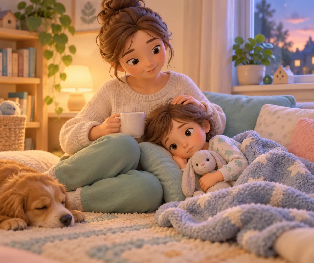 Une mère apaise son enfant blotti sous une couverture avec son doudou, près d’un chien endormi