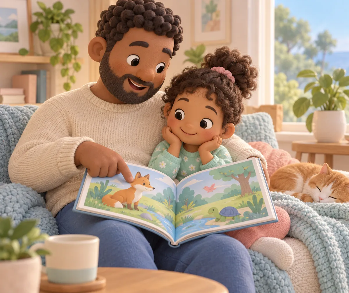 Un père lit un livre illustré à sa fille assise sur ses genoux, avec un chat endormi sur le canapé