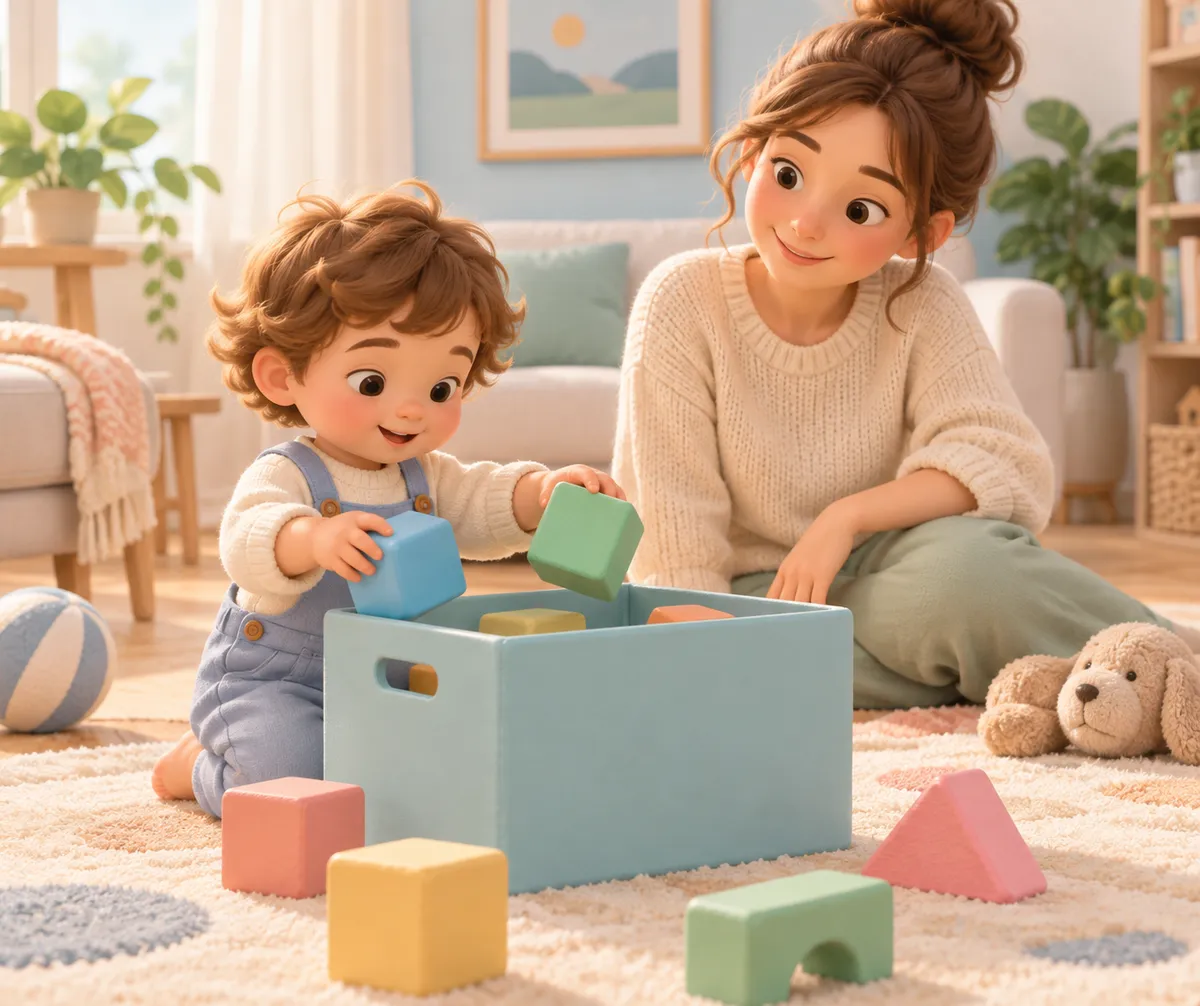 Un enfant manipule des cubes avec ses deux mains devant une boîte, sous le regard d’une adulte