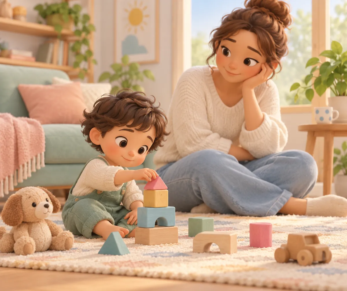 Un enfant construit une tour avec des blocs tandis qu’une adulte l’observe dans le salon