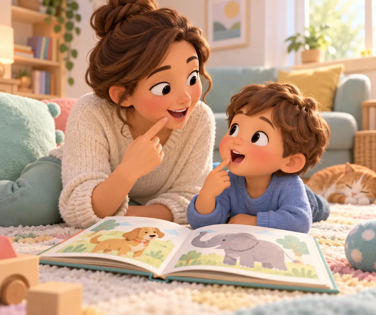 Une femme et un jeune enfant échangent autour d’un livre illustré, assis sur un tapis dans le salon