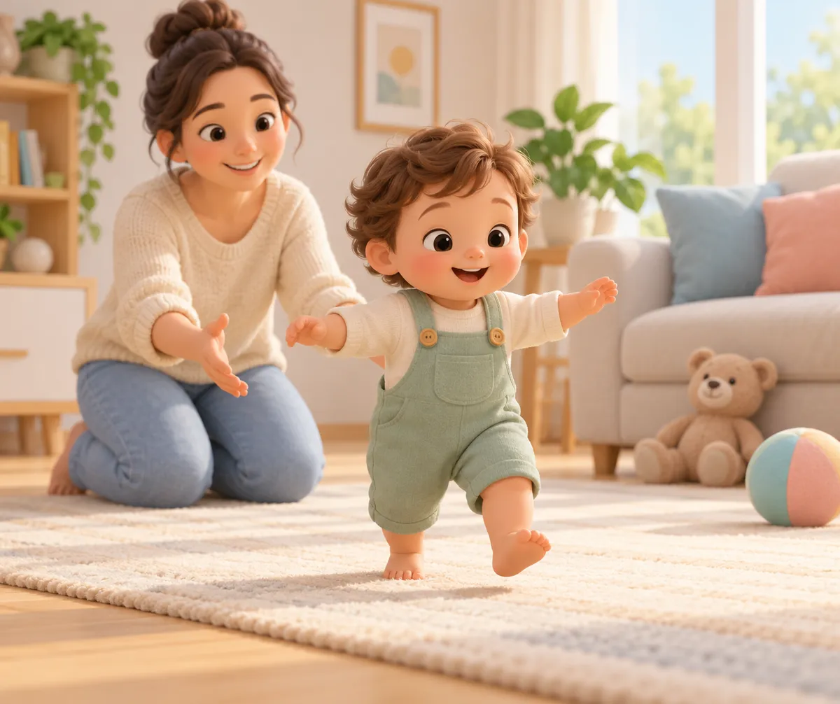 Un jeune enfant fait ses premiers pas sur un tapis, tandis que sa mère l’accompagne dans le salon