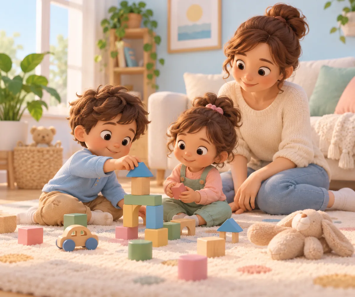 Une mère observe deux jeunes enfants qui construisent une tour avec des cubes dans le salon