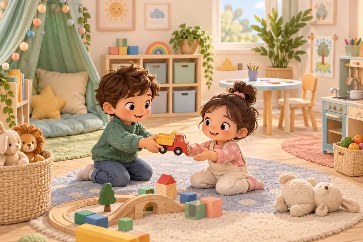 Deux enfants assis sur un tapis se partagent un camion-jouet au milieu de cubes et de peluches