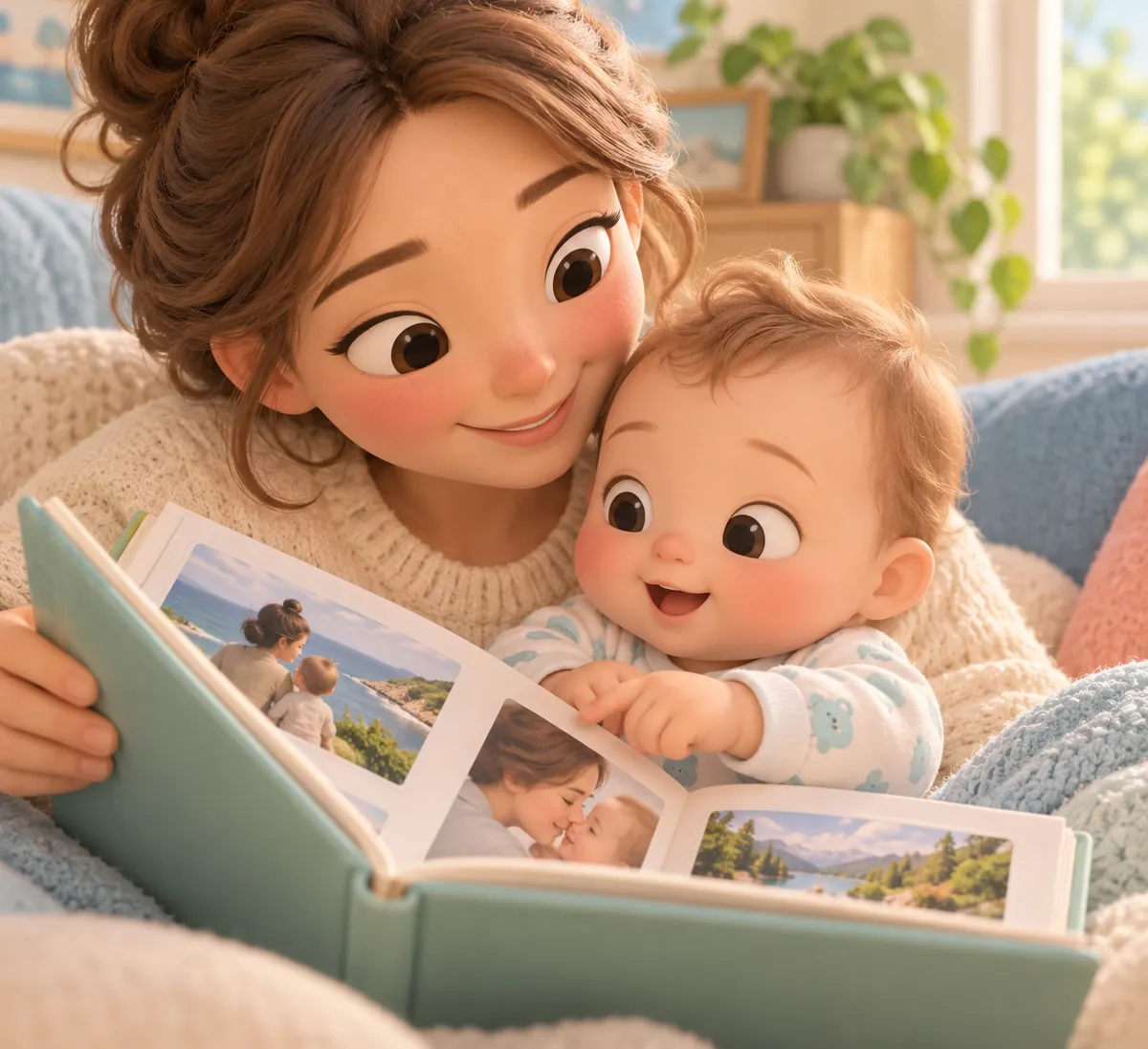 Une mère feuillette un album photo avec son bébé, qui regarde les portraits dans un salon