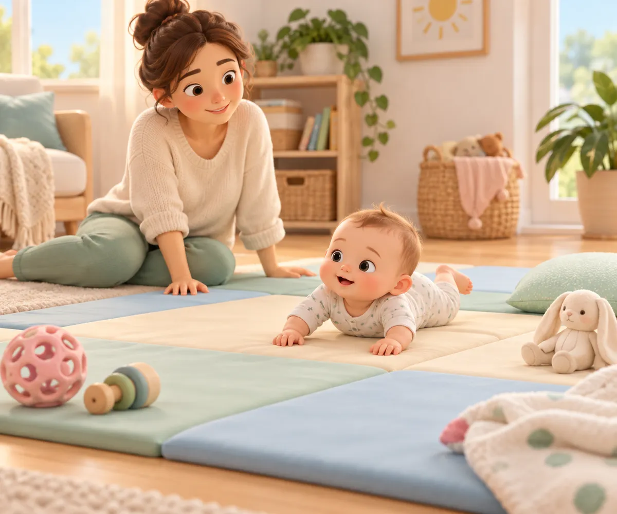 Un bébé sur le ventre explore un tapis de jeu tandis que sa mère l’observe, entouré de jouets
