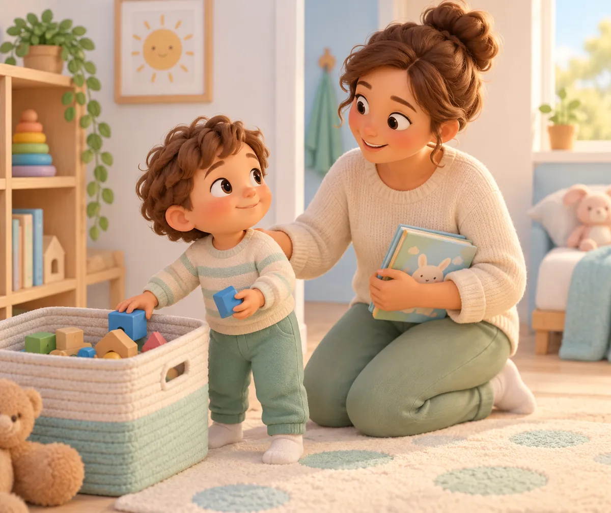Une mère accompagne un jeune enfant qui range des cubes dans une chambre avec des jouets