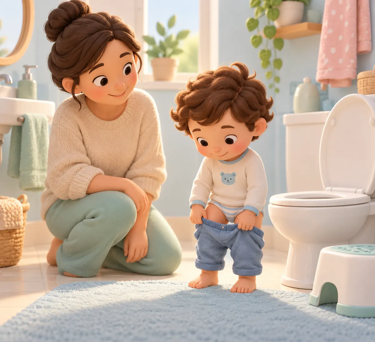 Une femme accompagne un jeune enfant qui baisse son pantalon dans la salle de bains, près des toilettes