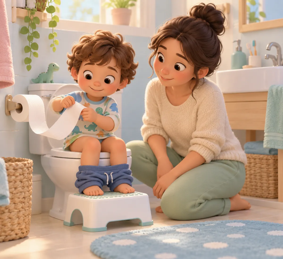 Un enfant assis sur les toilettes tient du papier toilette, accompagné d’une femme dans la salle de bains