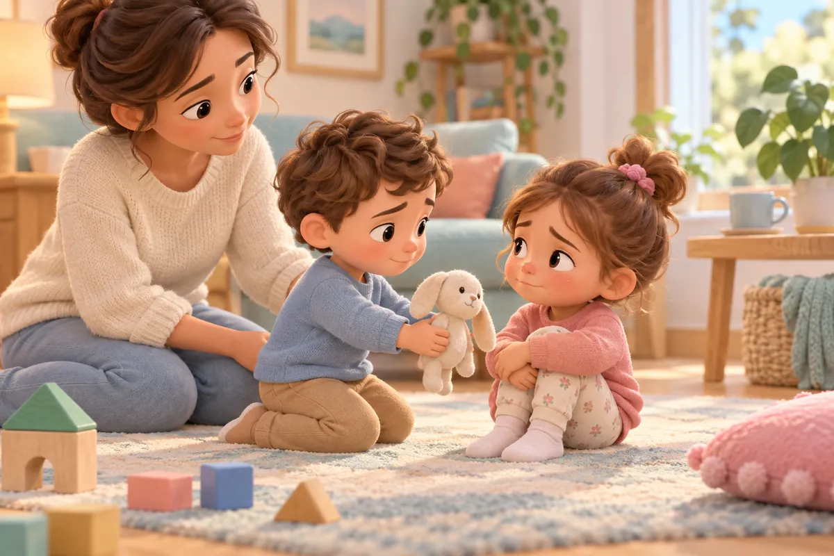 Une femme accompagne un garçon qui tend une peluche à une fille assise sur le tapis du salon