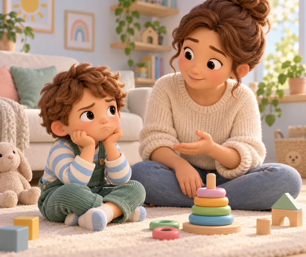 Une femme échange avec un enfant assis sur un tapis, près d’un jeu d’anneaux colorés et de cubes