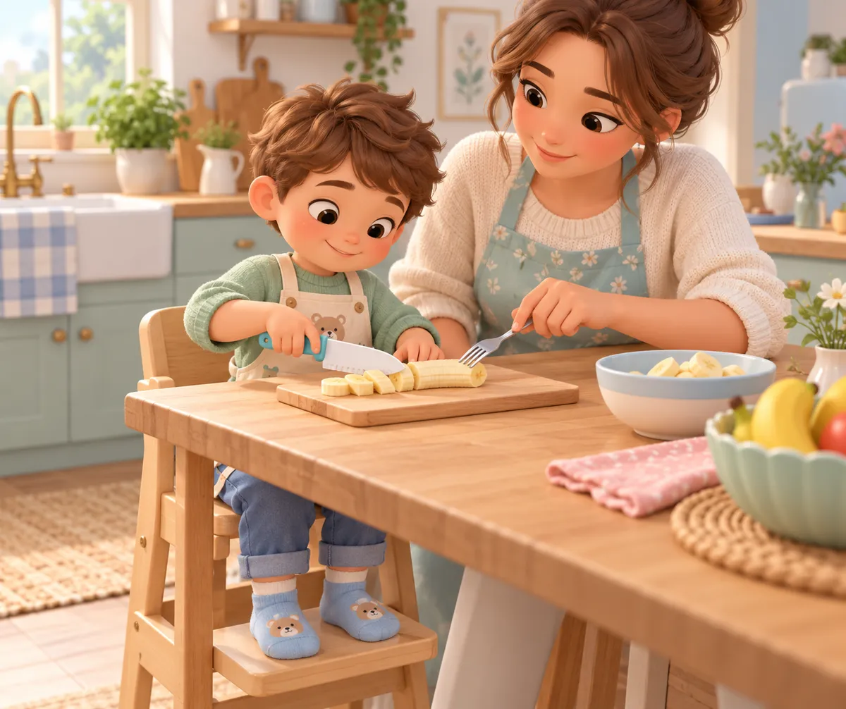 Un enfant découpe des morceaux de banane avec un couteau adapté, accompagné par sa mère en cuisine