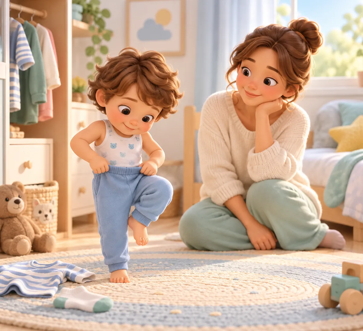 Une mère observe son enfant qui enfile seul son pantalon dans une chambre, près de vêtements rangés