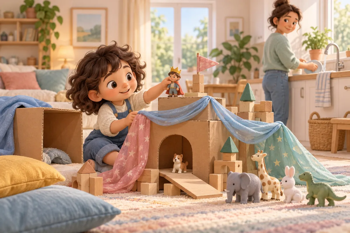 Un enfant construit un château avec des cartons, des tissus et des figurines dans le salon, tandis qu’une mère est au second plan