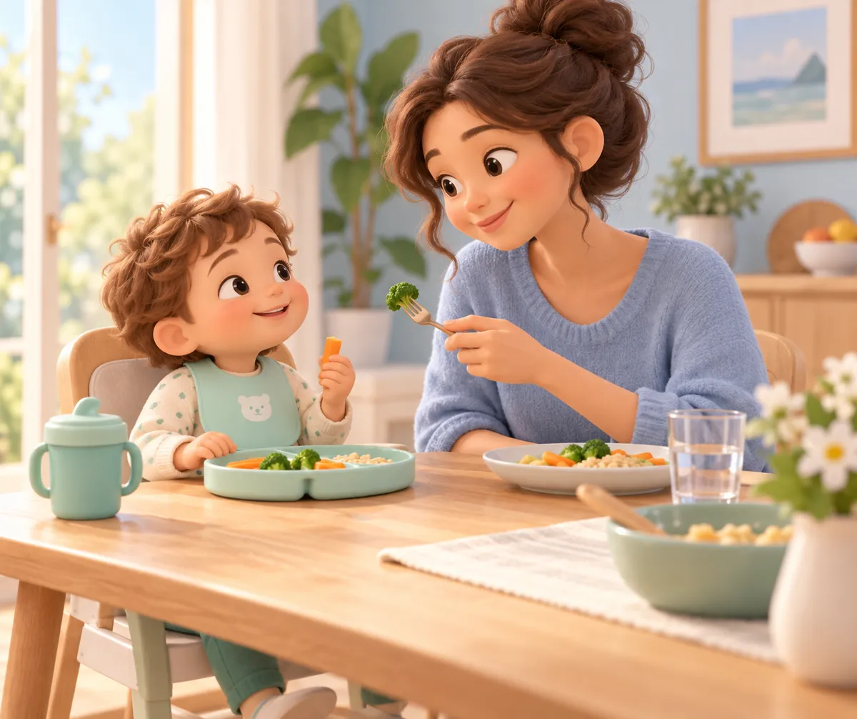 Une femme et son enfant mangent assis à table, avec des assiettes de légumes et des couverts