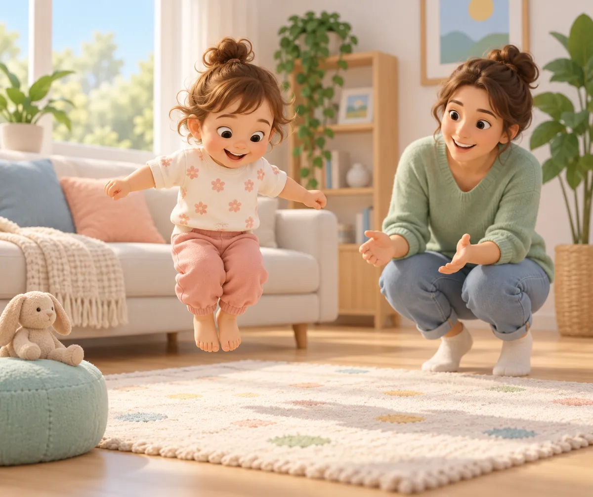 Une petite fille saute à pieds joints sur un tapis, tandis que sa mère l’encourage dans le salon