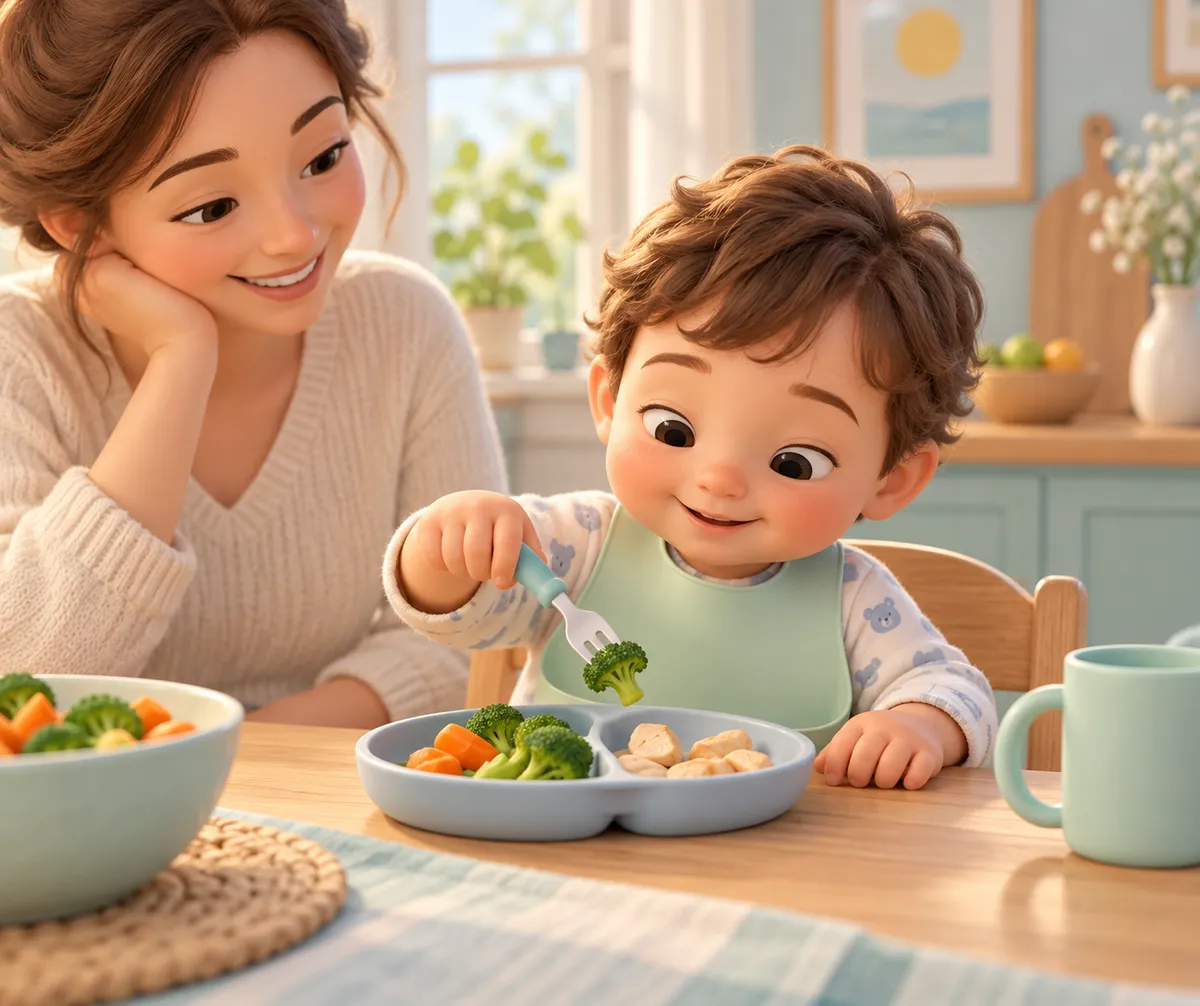 Un jeune enfant mange des légumes avec une fourchette sous le regard attentif d’un adulte à table