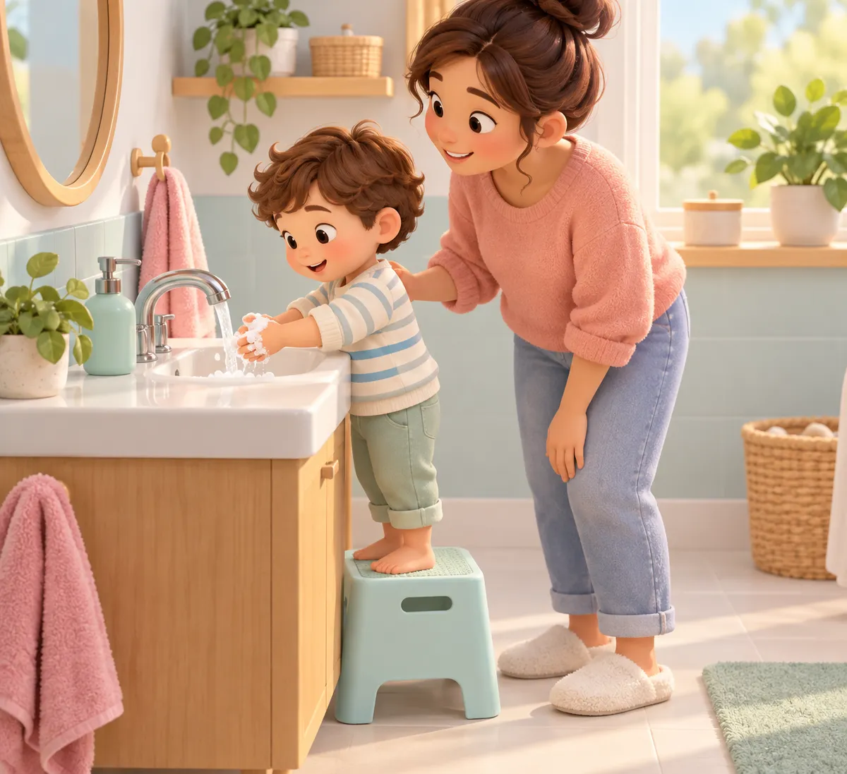 Dans la salle de bains, un enfant se lave les mains au lavabo avec l’aide d’un adulte, debout sur un marchepied
