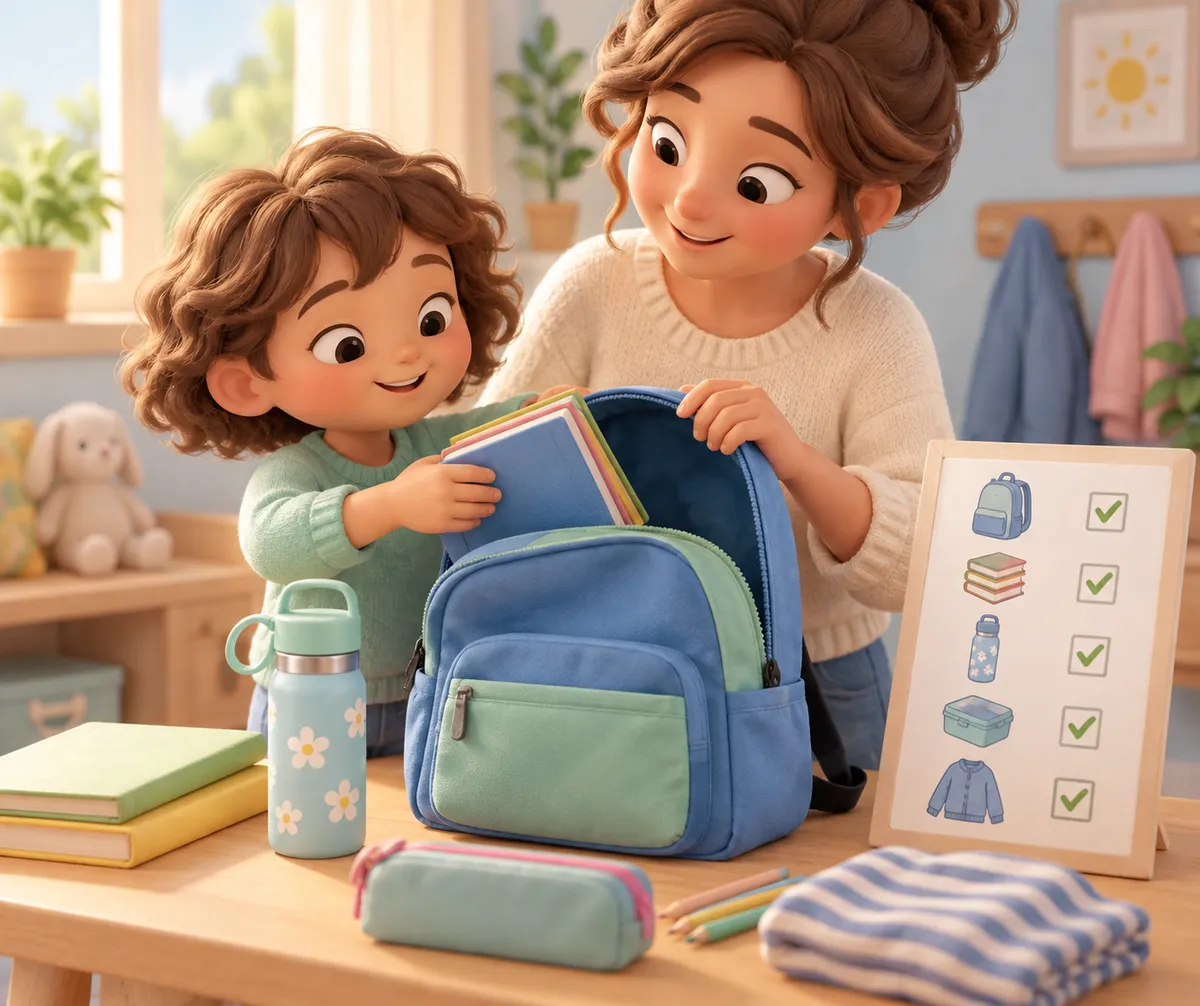 Une mère aide un enfant à ranger des livres et une gourde dans son cartable, avec une liste d’affaires à cocher