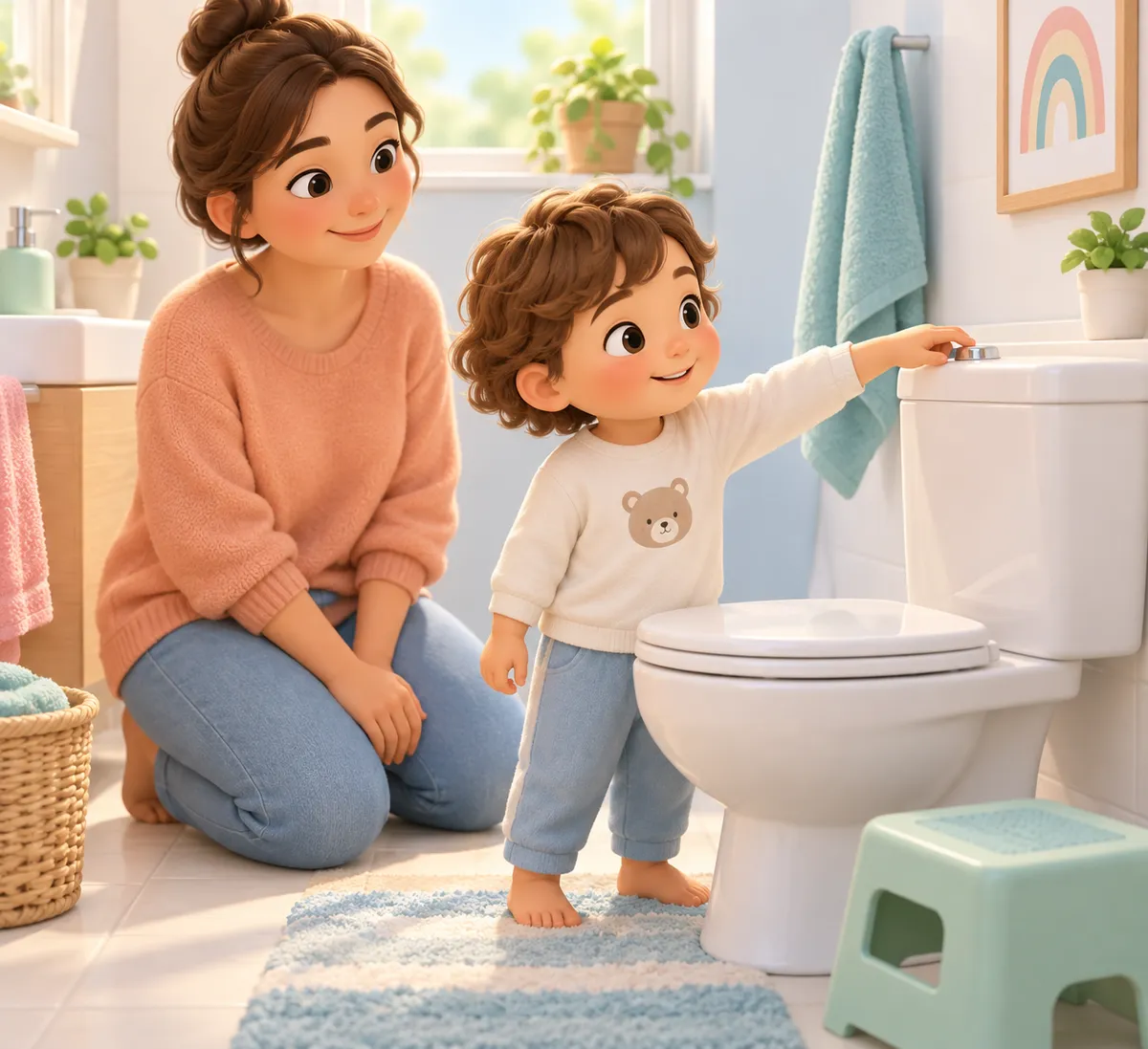 Un enfant tire la chasse des toilettes sous le regard attentif de sa mère dans la salle de bains